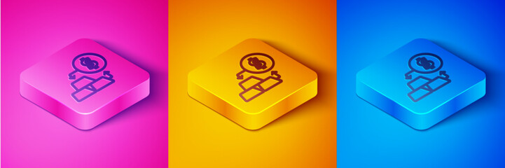 Isometric line Gold exchange money icon isolated on pink and orange, blue background. Money changer. Square button. Vector
