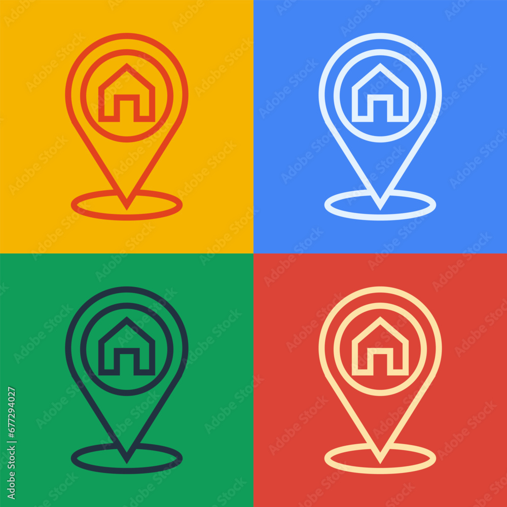 Poster pop art line map pointer with house icon isolated on color background. home location marker symbol. 
