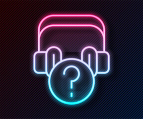 Glowing neon line Headphones with question icon isolated on black background. Support customer service, hotline, call center, faq, maintenance. Vector