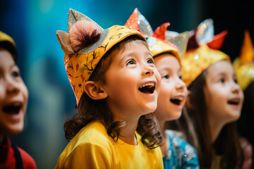 Petites filles souriantes, assistant a un spectacle pour enfants