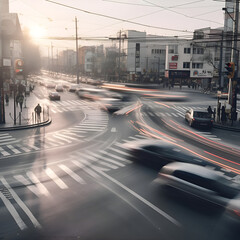 Traffic in the city at sunset. Blurred motion of cars.