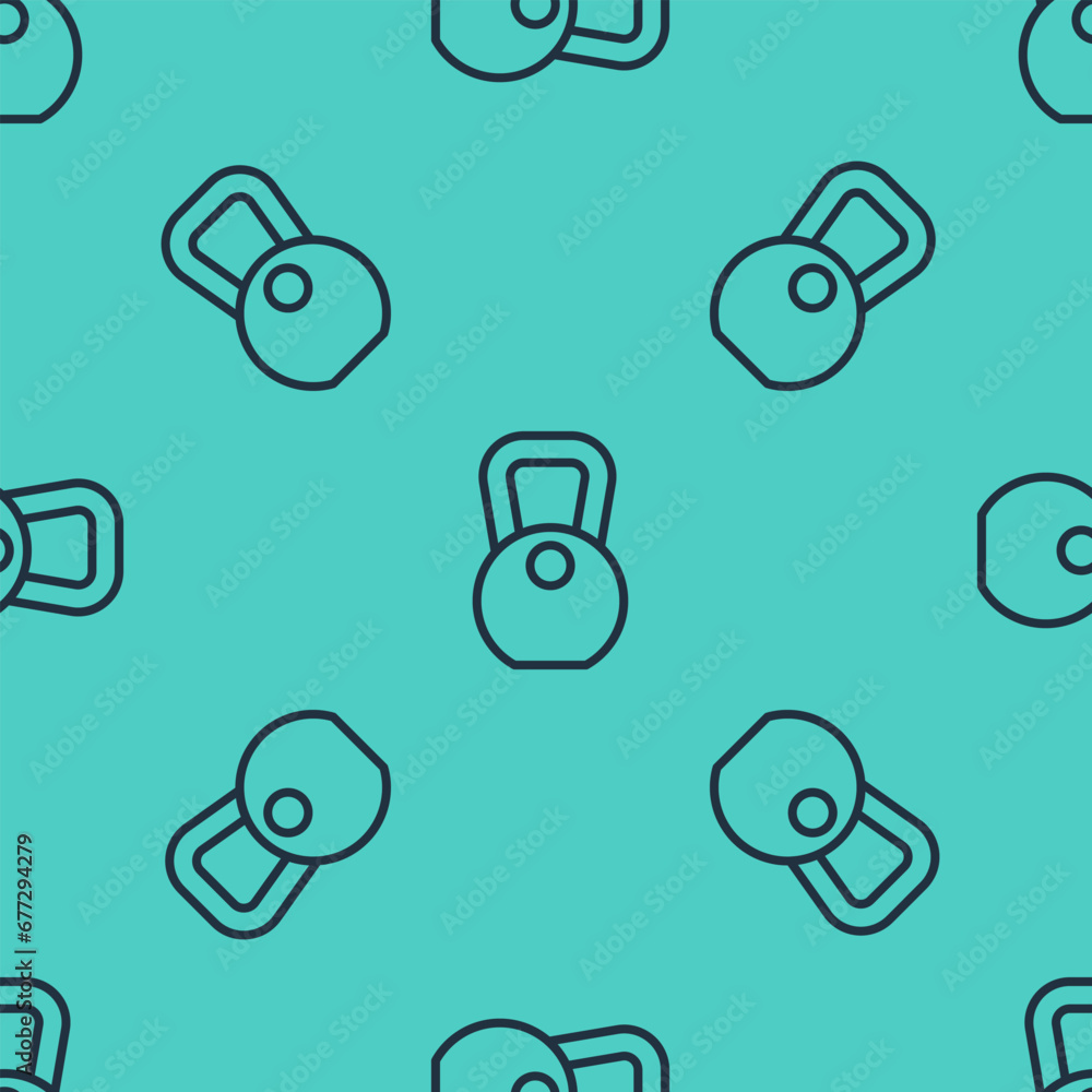 Poster black line weight icon isolated seamless pattern on green background. kilogram weight block for weig