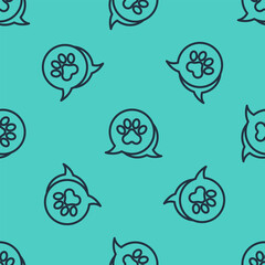 Black line Paw print icon isolated seamless pattern on green background. Dog or cat paw print. Animal track. Vector