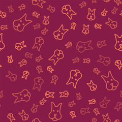 Brown line Dog icon isolated seamless pattern on red background. Vector