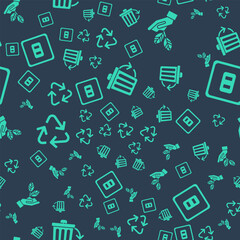 Set Recycle bin with recycle, Plant in hand, Recycle symbol and Electrical outlet on seamless pattern. Vector