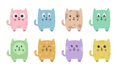 Set of cute cats with different eyes. Vector isolated doodle illustration cartoon style