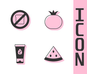 Set Watermelon, Gluten free grain, Organic cosmetic and Tomato icon. Vector