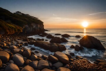 Fototapeta na wymiar rock beach sunset view beautiful seascape