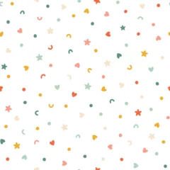 Tuinposter Chaotic confetti seamless pattern. Vector abstract background. Cute simple candy, star, heart and polka dot shapes in a fun vintage palette are perfect for gift wrapping paper. © Світлана Харчук