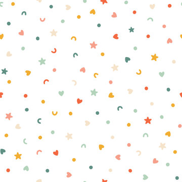Chaotic confetti seamless pattern. Vector abstract background. Cute simple candy, star, heart and polka dot shapes in a fun vintage palette are perfect for gift wrapping paper.