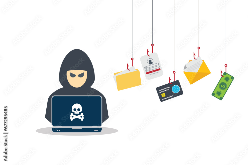 Poster hacker with laptop computer stealing confidential data, personal information and credit card detail.