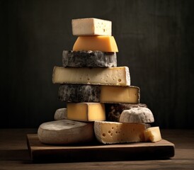 a stack of cheese on wooden board