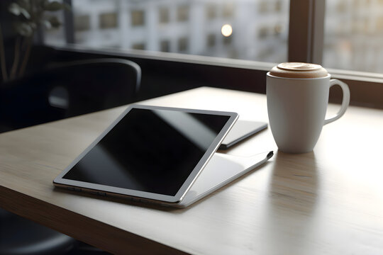 Tablet computer and coffee cup on wooden table in cafe. closeup