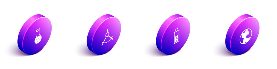 Set Isometric Test tube, Drawing compass, Battery and Earth globe icon. Vector