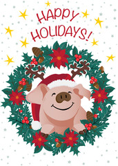 HAPPY PIG WITH CHRISTMAS WREATH