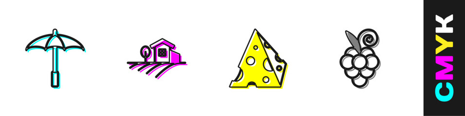Set Umbrella for beach, Village landscape, Cheese and Grape fruit icon. Vector
