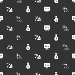 Set Gold bars 24k, exchange money, mining and Old bag on seamless pattern. Vector