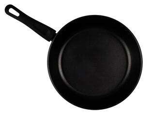 Metal frying pan with non-stick coating for cooking and serving food for all types of electric and gas stoves isolated on a white background