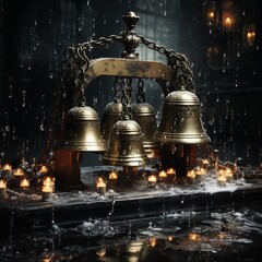 set of bells in the temple, in the rain, generative ai 