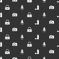 Set Thermos container, Photo camera, First aid kit and Tree on seamless pattern. Vector