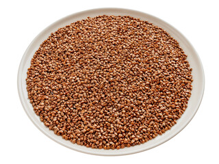 buckwheat grains in ceramic plate isolated on white background