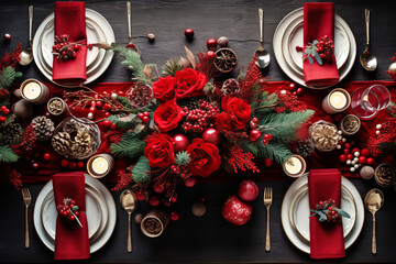Christmas table setting with candles and white festive tableware and red decor for Christmas celebration