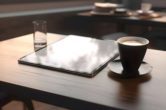 Tablet and cup of coffee on wooden table in cafe. closeup