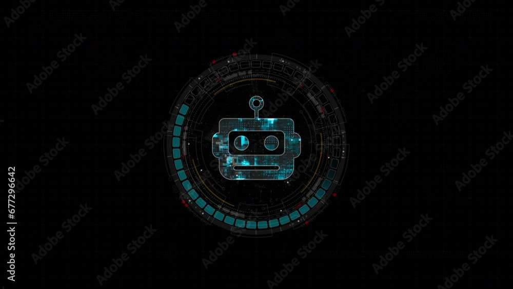Poster motion graphic of blue digital robot head logo and circle futuristic hud with ai chatbot and machine