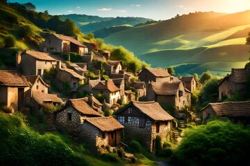Fototapeta na wymiar /imagine A quaint village nestled between rolling hills, surrounded by vibrant greenery and a clear blue sky.