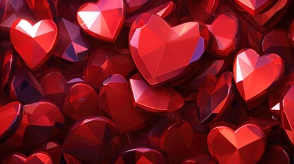 Red Crystal heart background. Happy Valentines Day, wedding concept. Symbol of love. Diamond gemstones crystalline hearts semi precious jewelry. For greeting card, banner, flyer, party invitation..