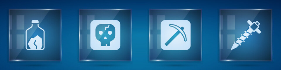 Set Ore mining, Archeology, Pickaxe and Construction jackhammer. Square glass panels. Vector