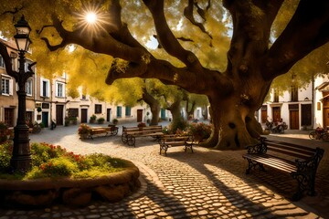 A peaceful village square, where a centuries-old oak tree provides shade to benches and cobblestone pathways lined with flowers.
