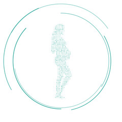 The pregnant woman symbol filled with teal dots. Pointillism style. Vector illustration on white background