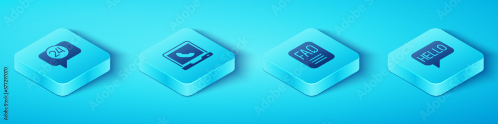 Poster set isometric telephone 24 hours support, hello in different languages and faq information icon. vec