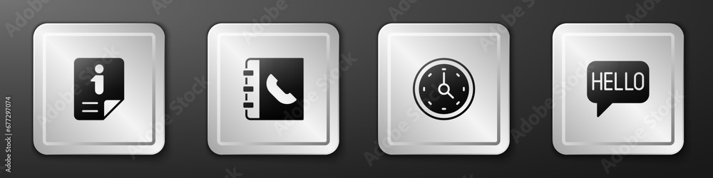 Poster set information, phone book, clock and hello in different languages icon. silver square button. vect