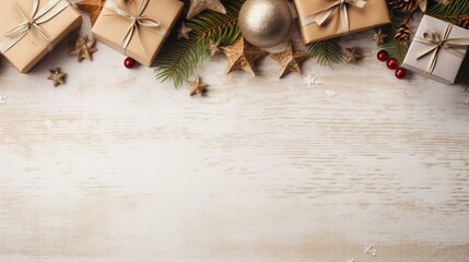 presents white wooden table pinecones ornaments golden cup wide bar background worthlessness full bells vase