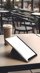 Mockup image of tablet pc with blank white screen on table in cafe