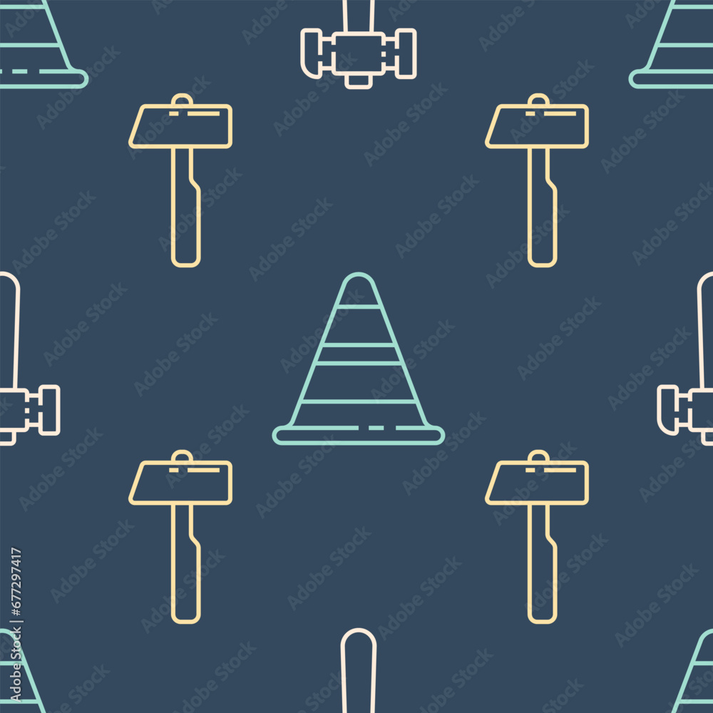 Poster set line hammer, hammer and traffic cone on seamless pattern. vector