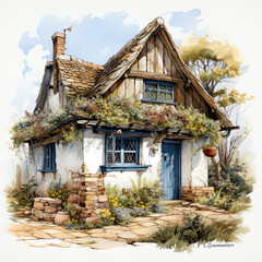 Fototapeta na wymiar watercolor Cornish Cottage clipart, Generative Ai