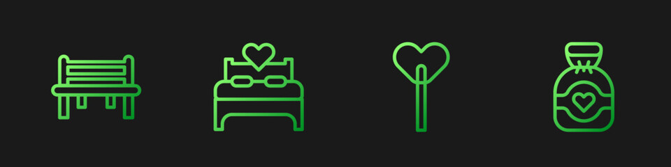 Set line Lollipop, Romantic bench, Bedroom and Chocolate candy. Gradient color icons. Vector