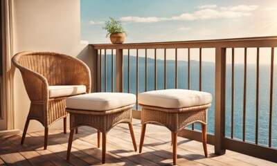 Outdoor Summer Terrace Or Balcony With Wicker Furniture In Vintage Style. Sea View.