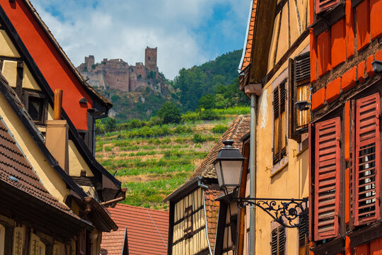 the colorful half timbered building in the streets of the beautiful Alsace village Riquewihr