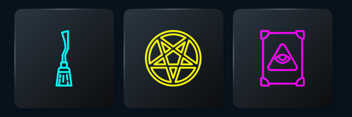 Set line Witches broom, Ancient magic book and Pentagram in circle. Black square button. Vector