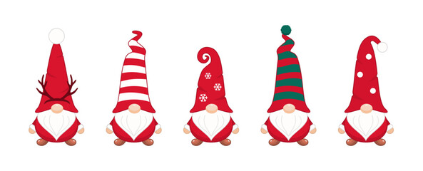 Christmas gnomes in long caps. Cute new years character with striped in snowflakes and deer antlers hats covering his eyes with white beard festive scandinavian symbol of wealth and prosperity