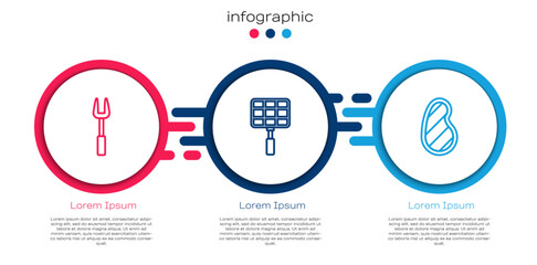 Set line Barbecue fork, steel grid and Steak meat. Business infographic template. Vector