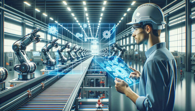 Engineer with AR glasses monitors automated robots on a futuristic production line. Generative AI.