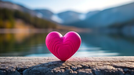 Fototapeta premium Close up of a hot pink wooden Heart in front of a beautiful Lake. Blurred natural Background