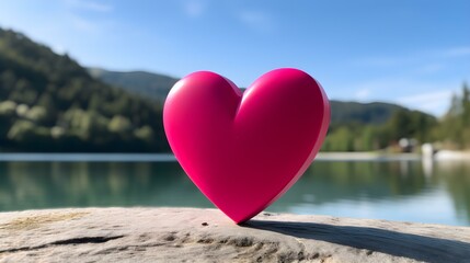 Fototapeta premium Close up of a hot pink wooden Heart in front of a beautiful Lake. Blurred natural Background