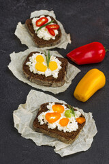 Mix bruschetta with various toppings. Chopped peppers