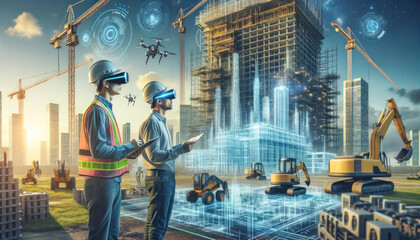 Engineers using AR headsets to visualize a holographic skyscraper amidst a futuristic construction site - obrazy, fototapety, plakaty
